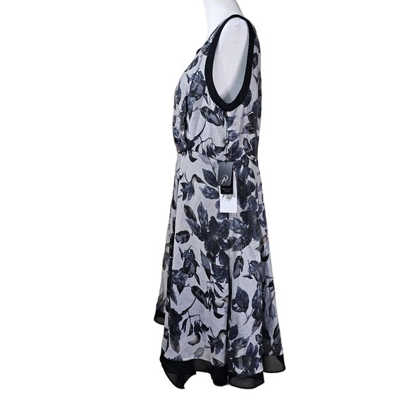 Adrianna Papell Black & Gray Floral Sleeveless Midi Dress Sz 14 Asymmetrical Hem - Picture 2 of 14